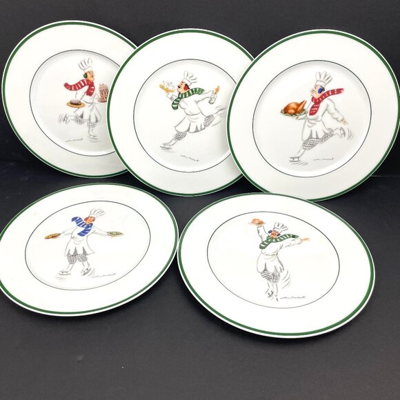 Set of 5 Guy Buffet Skating Chefs Salad Plates Fine Porcelain Made In Germany - Picture 1 of 16